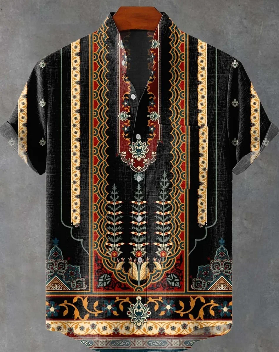 Fashionable men's Hawaiian shirt with ethnic print pattern short sleeved shirt top, beach vacation casual wear hot selling item - Image 4