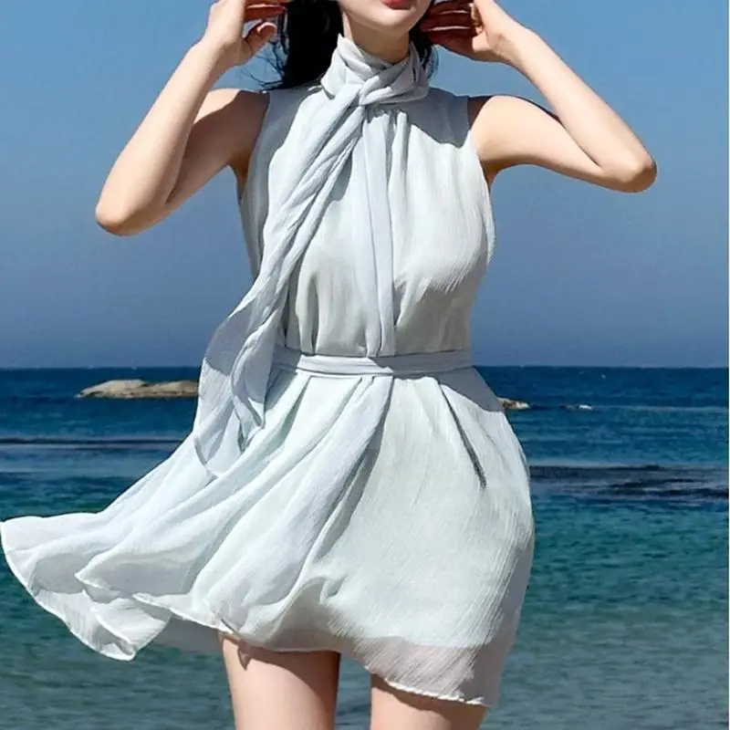 

Dongdaemun Spring Summer New Style Slim Fit Long Sleeveless Chiffon T-Shirt Women's Top Elegant Waist-Cinching Bow Tie Draped...