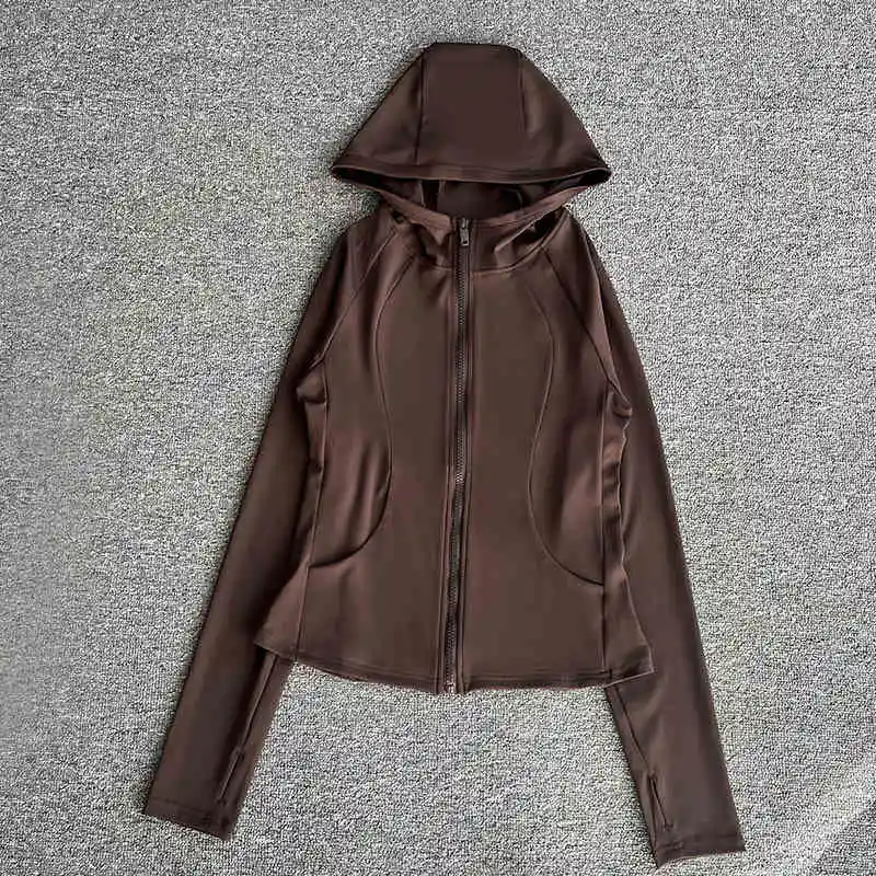 Women's yoga jacket with zipper; hooded running sportswear; long-sleeved yoga suit.