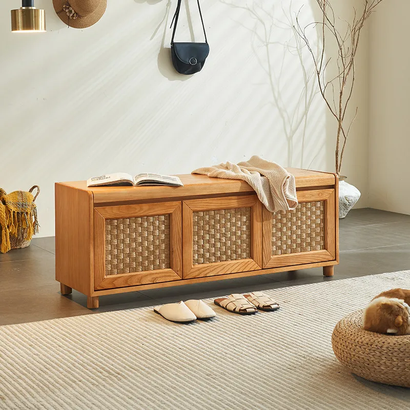 Household entrance solid wood rattan bench storage box multi-functional entrance stool storage bench