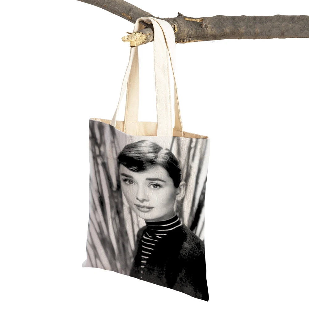 Elegant Audrey Hepburn Celebrity Retro Women Shopper Bags Casual Canvas Lady Shopping Bag Supermarket Travel Tote Handbag