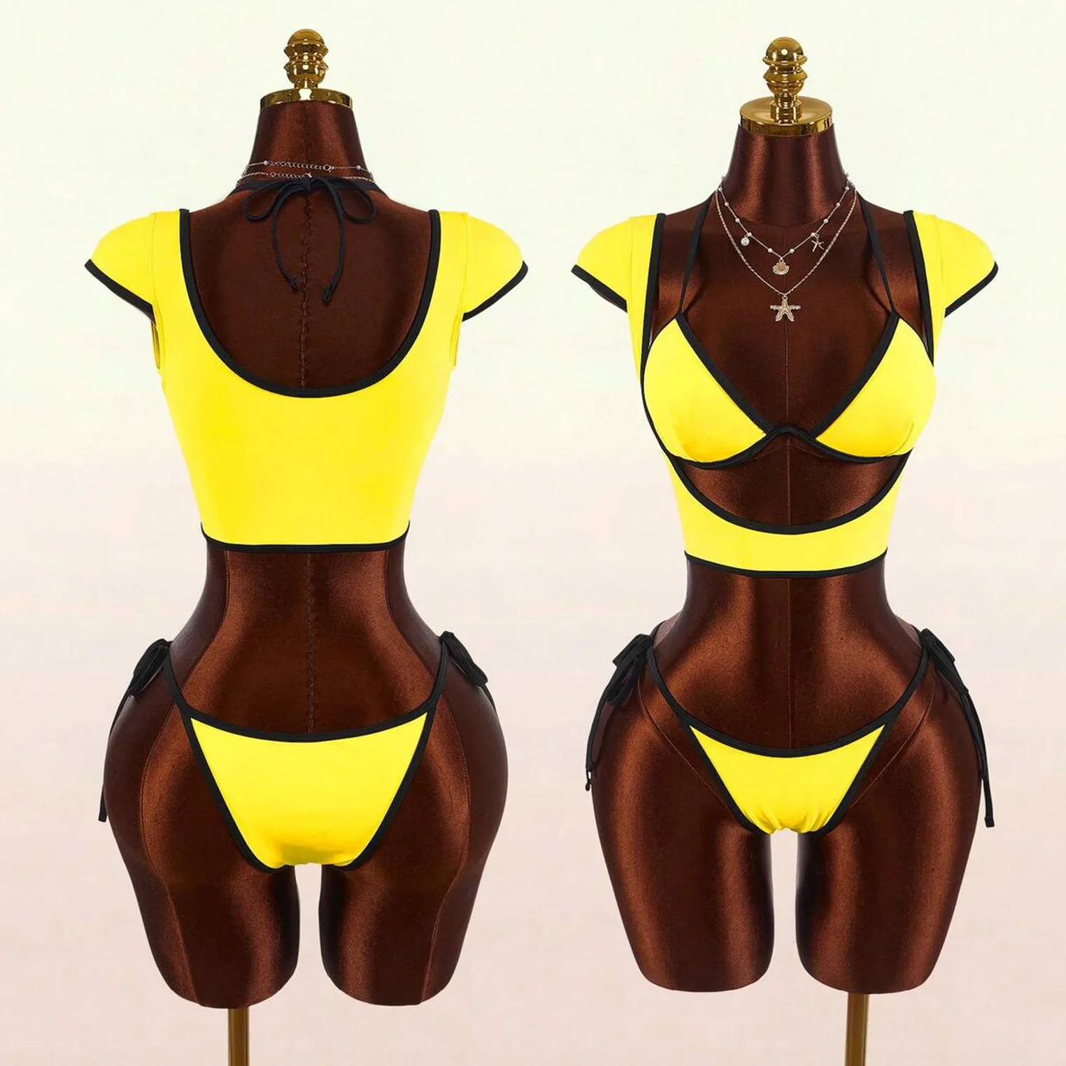 Y2K Gelb-Schwarz Verzierter 3-Teiliger Badeanzug, Neckholder-Bikini, Kurzarm-Crop-Top, Unterteil mit Bindeband, Sommer-Strandparty-Badeanzug für Damen – Detail 16