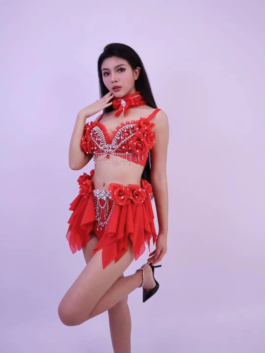 السنة الجديدة عيد الميلاد زي الأحمر القوس مثير شبكة روز زهرة هامش اللؤلؤ الماس بيكيني فستان المغني Dnace مرحلة ملهى ليلي الزي