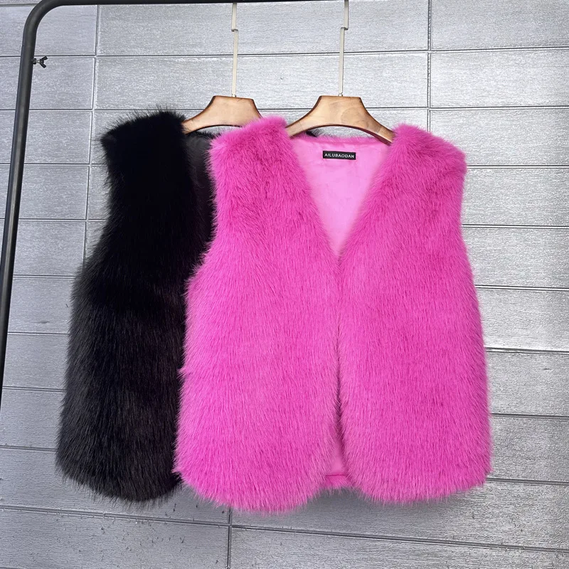 Women Faux Fur Vest Coats Jackets V Neck Sleeveless Coat Thick Warm Y2k Streetwear Jacket Elegant Work Outerwear Autumn Winter