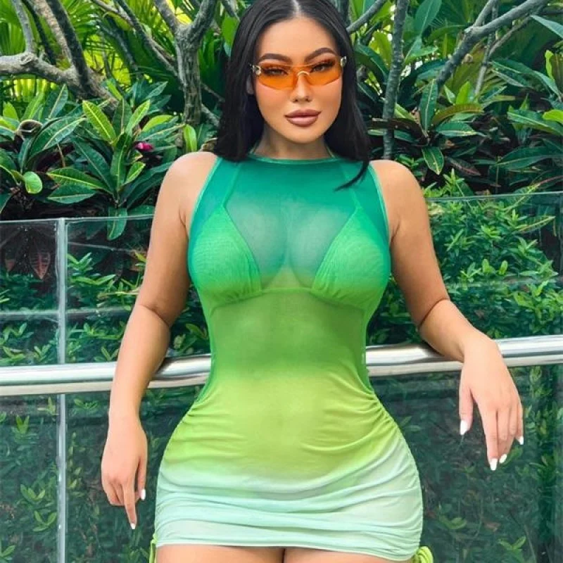 

2025 New European and American Style Sexy Gradient Two-Piece Skirt Bikini Women's Mesh Swimsuit