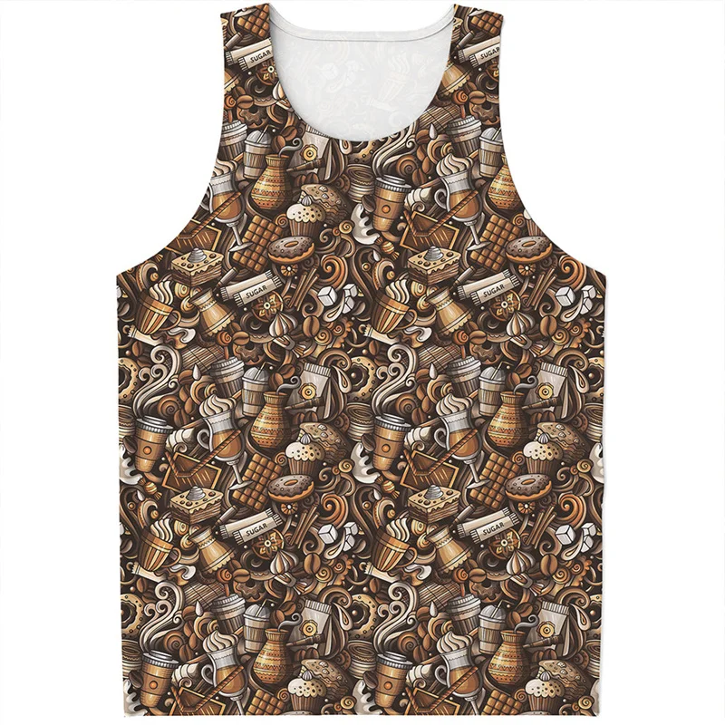 Retro Coffee Bean 3D Printed Tank Top For Men Summer Vest Casual Sleeveless Vest Streetwear Oversized Tops Tees Male Clothes