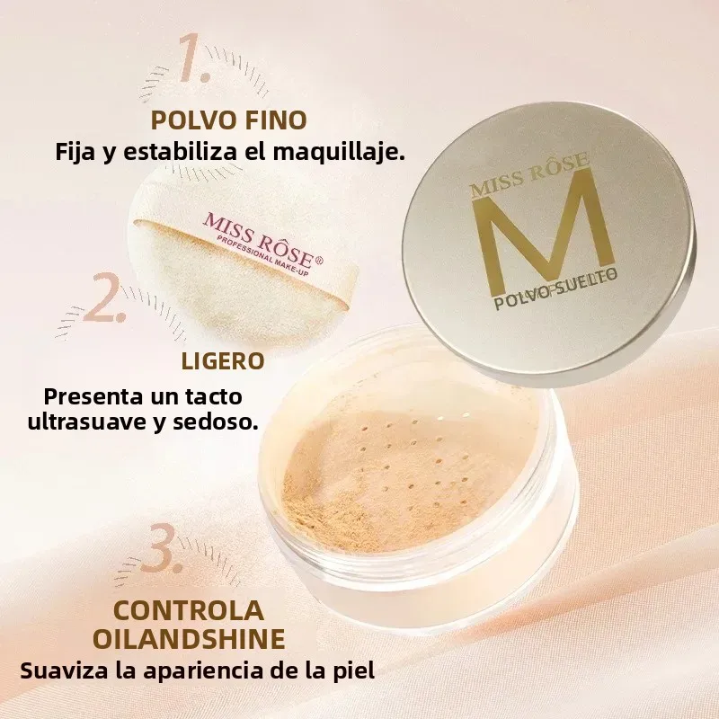 Polvo Fijador Translúcido MISS Rose: Control de Grasa, Larga Duración, Maquillaje Ligero que Difumina Poros y Rojeces, Sin Acabado Pegajoso