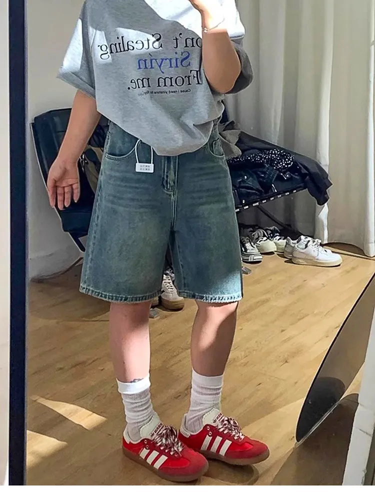 

Retro Wide Leg Denim Shorts Women Summer plus Size Pear Shape Slimming Loose Five Straight Tube mid Pants High Waist Jeans