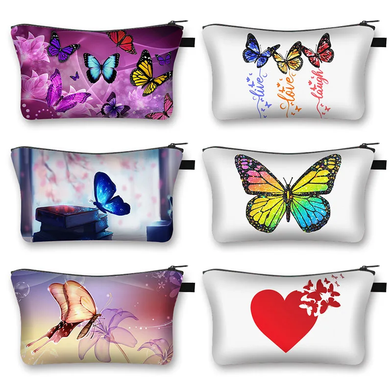 Colorful Butterfly Petal Print Cosmetic Bag Insect Flower Women Makeup Bag Lipstick Organizer Toiletry Bag Zipper Pouch Gift