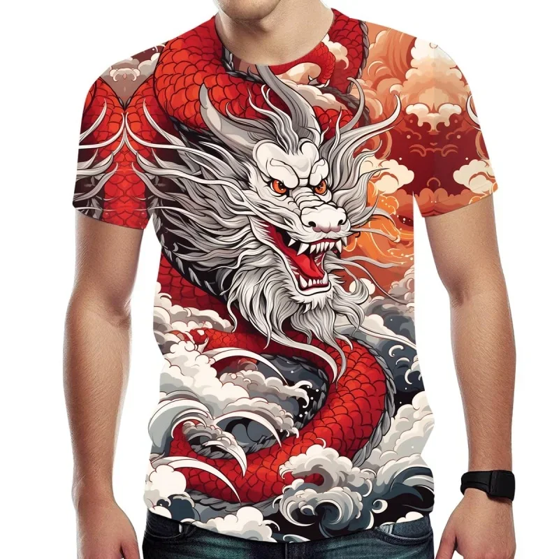 

Летняя футболка с рисунком китайского дракона в стиле ретро, мужская футболка больших размеров с 3D принтом дракона, повседневная уличная футболка с короткими рукавами, свободная футболка