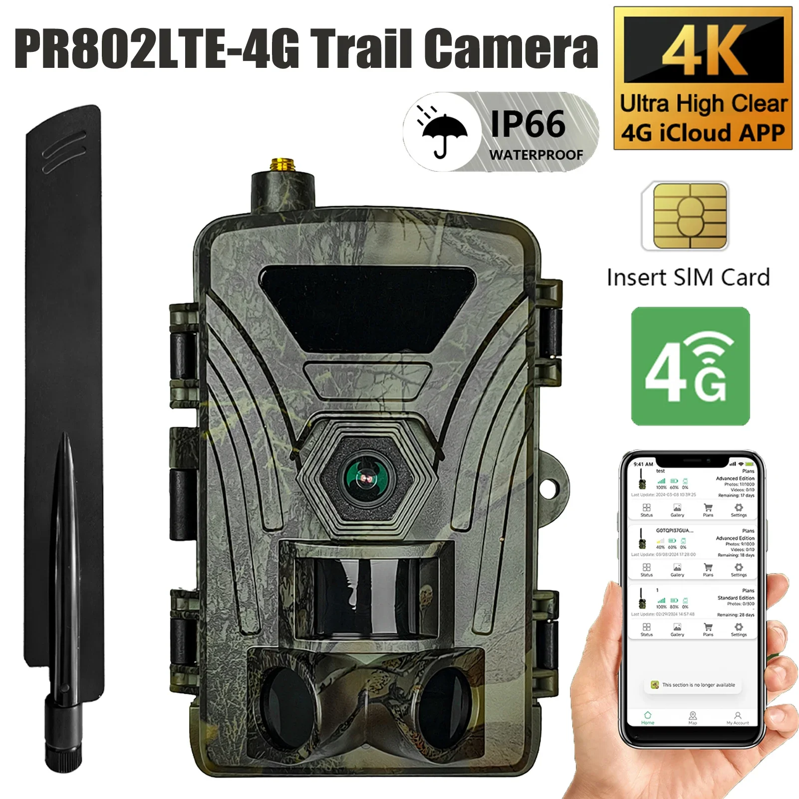 

PR802LTE 4G 4K Охотничья камера с SIM-картой 60MP Фотографии 0,3 с Быстрый триггер Камера дикой природы ИК ночного видения