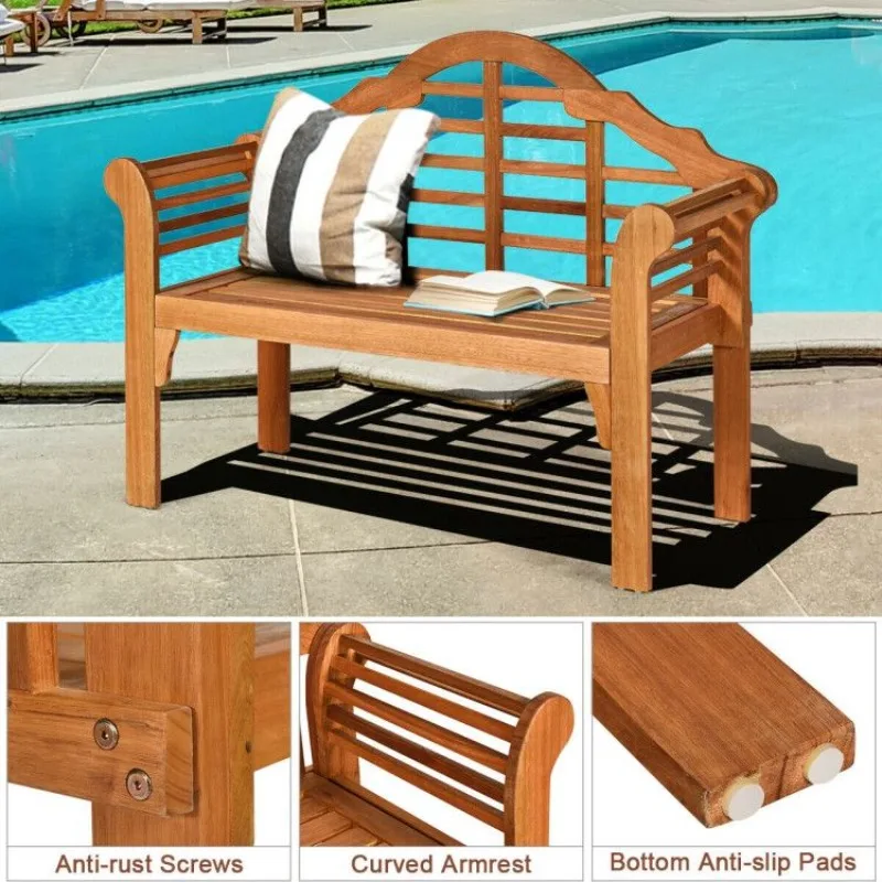 

49 Inch Eucalyptus Wood Outdoor Folding Bench with Backrest Armrest for Patio Garden