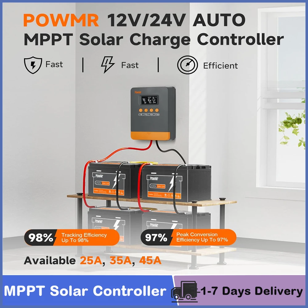 Regolatore di Carica Solare MPPT 25A 35A 45A con Display LCD, 12V 24V Auto, per Casa, Camper, Barca, Batteria - Disponibile in Magazzino UE