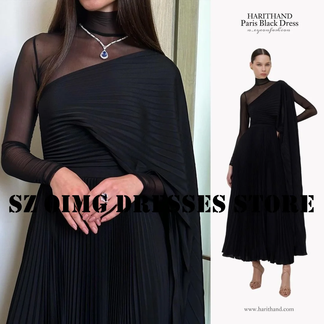 OIMG New Design High Neck Prom Dresses Arabic Women Short Sleeves Chiffon Black Pleated Evening Gowns Formal Party Dress