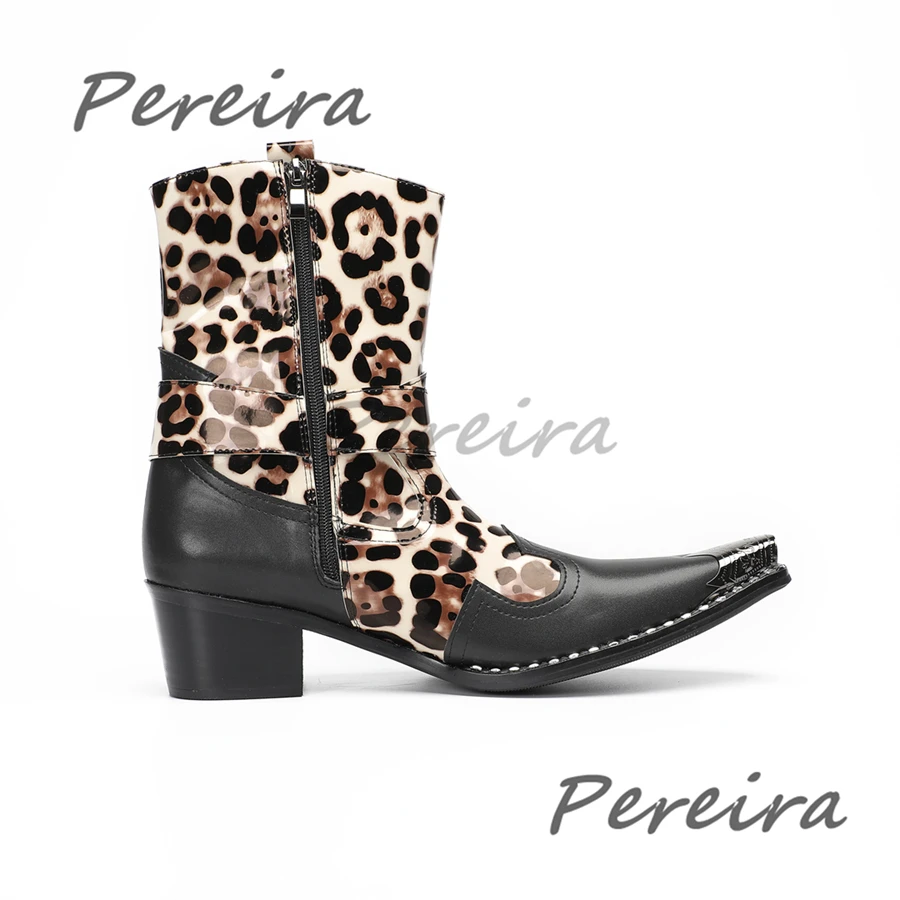 Retro Leopard Print Men's Chelsea Boots Metal Buckle Thick Heel Side Zipper Cowhide Short Boots Fashion Handmade Male Shoes