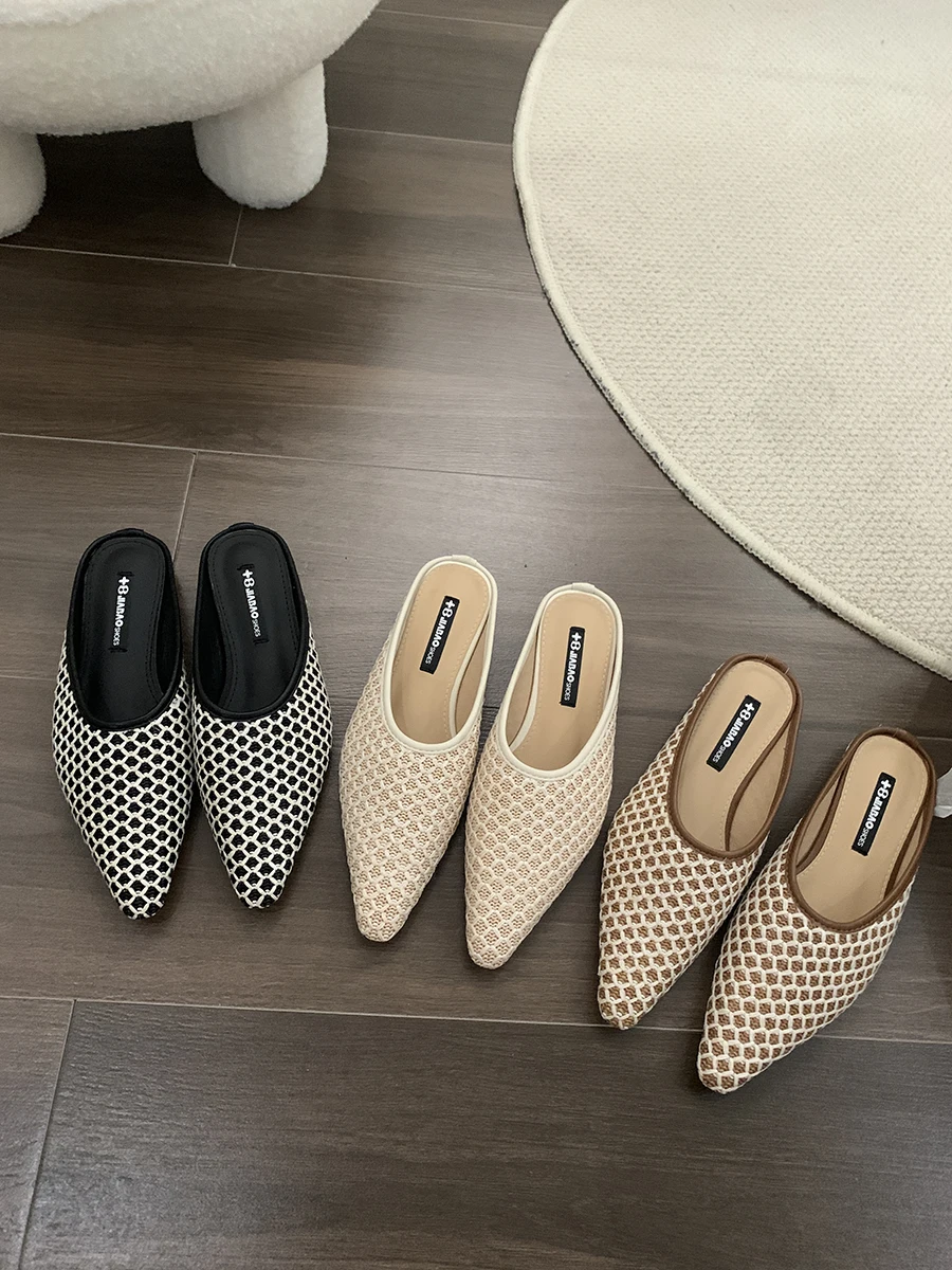 Flat Lazy Mules For Women Backless Sandals Knitted Hollow Out Flats Summer Beach Slides Loafers Leisure Ballerinas Shoes Outdoor