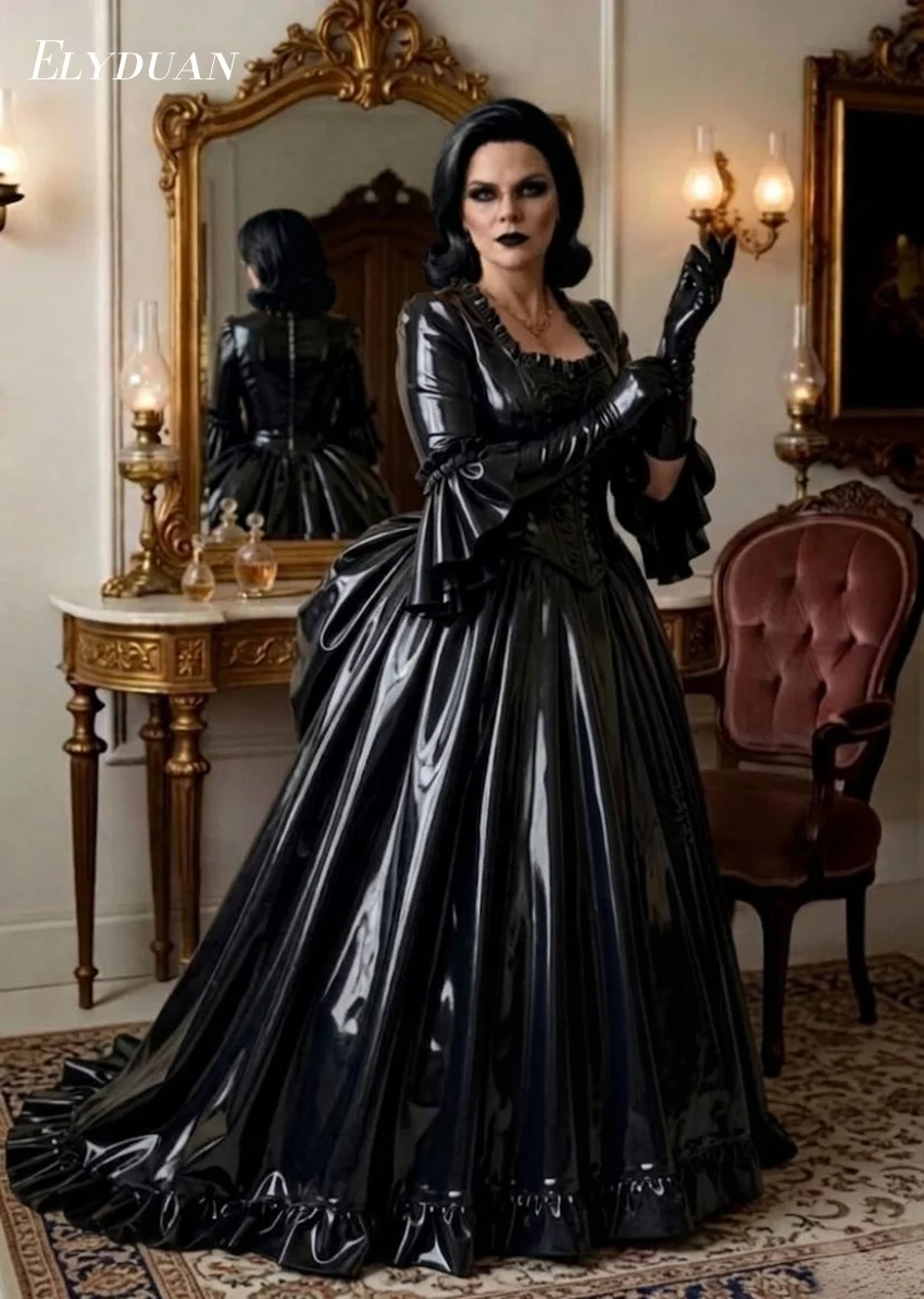 Vintage Viktorianisches Glänzendes Schwarzes PVC-Ballkleid mit Trompetenärmeln und Volant, Cosplay-Kostüm, Plissiertes Historisches Abendkleid, Maßanfertigung