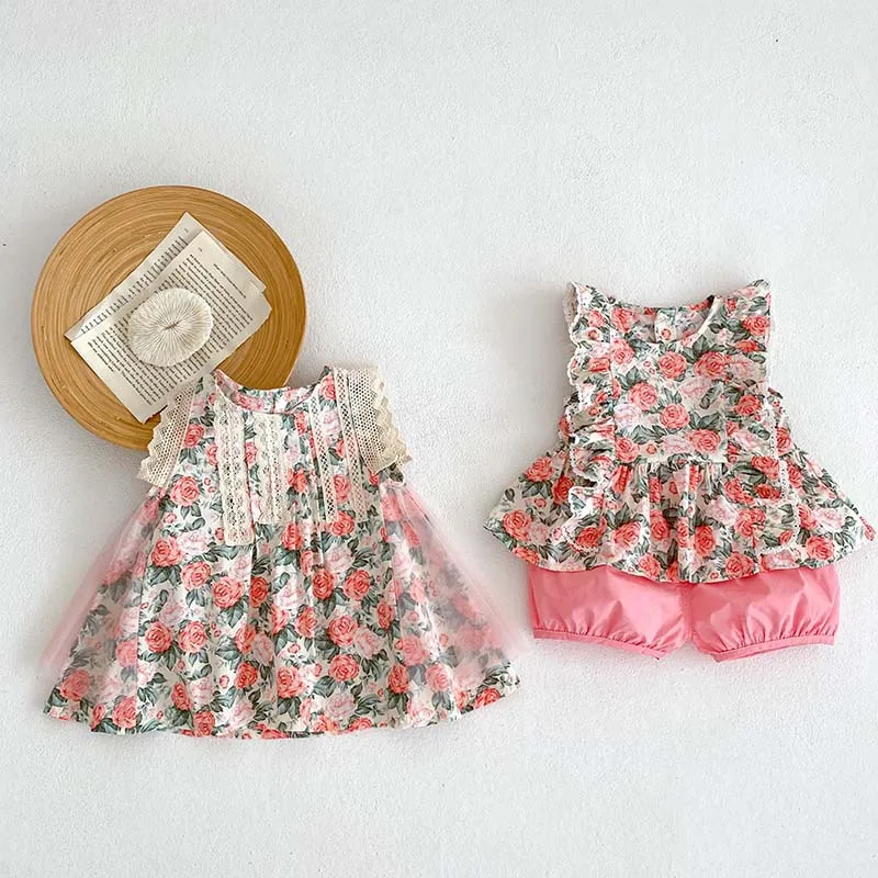 

2023 Summer Baby Girl Flower Clothes Ruffles Sleeve Floral Tops+Shorts Pant Bottom Lace Tulle Dress Outfits Princess Sunsuit