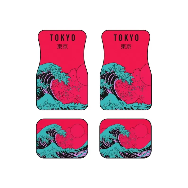 Anime car floor mats, Pop Art style Vaporwave cute car accessories for teens Car Mats Japanese Great Wave Trendy Japanese Tokyo