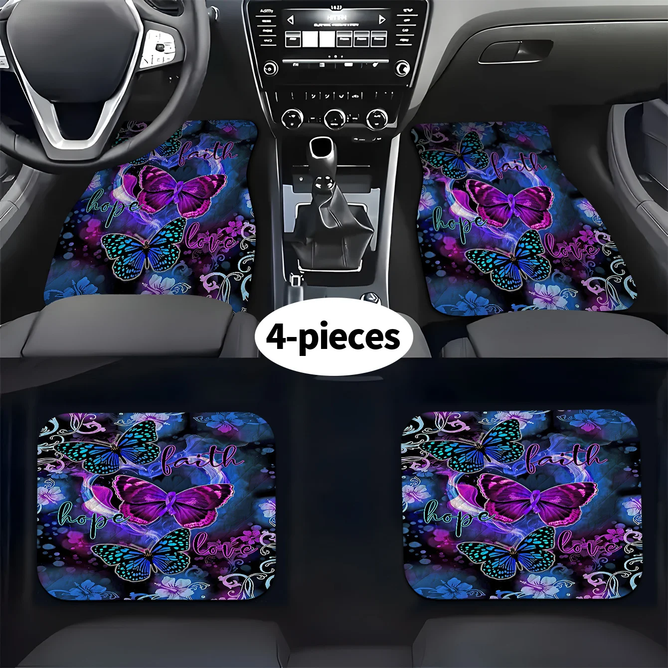 4 alfombrillas de lujo para coche con diseño de mariposa y Faith Hope Love |   Elegante Multicolor (Morado Oscuro/Negro/Morado/Azul/Rosa/Verde/Blanco), Su