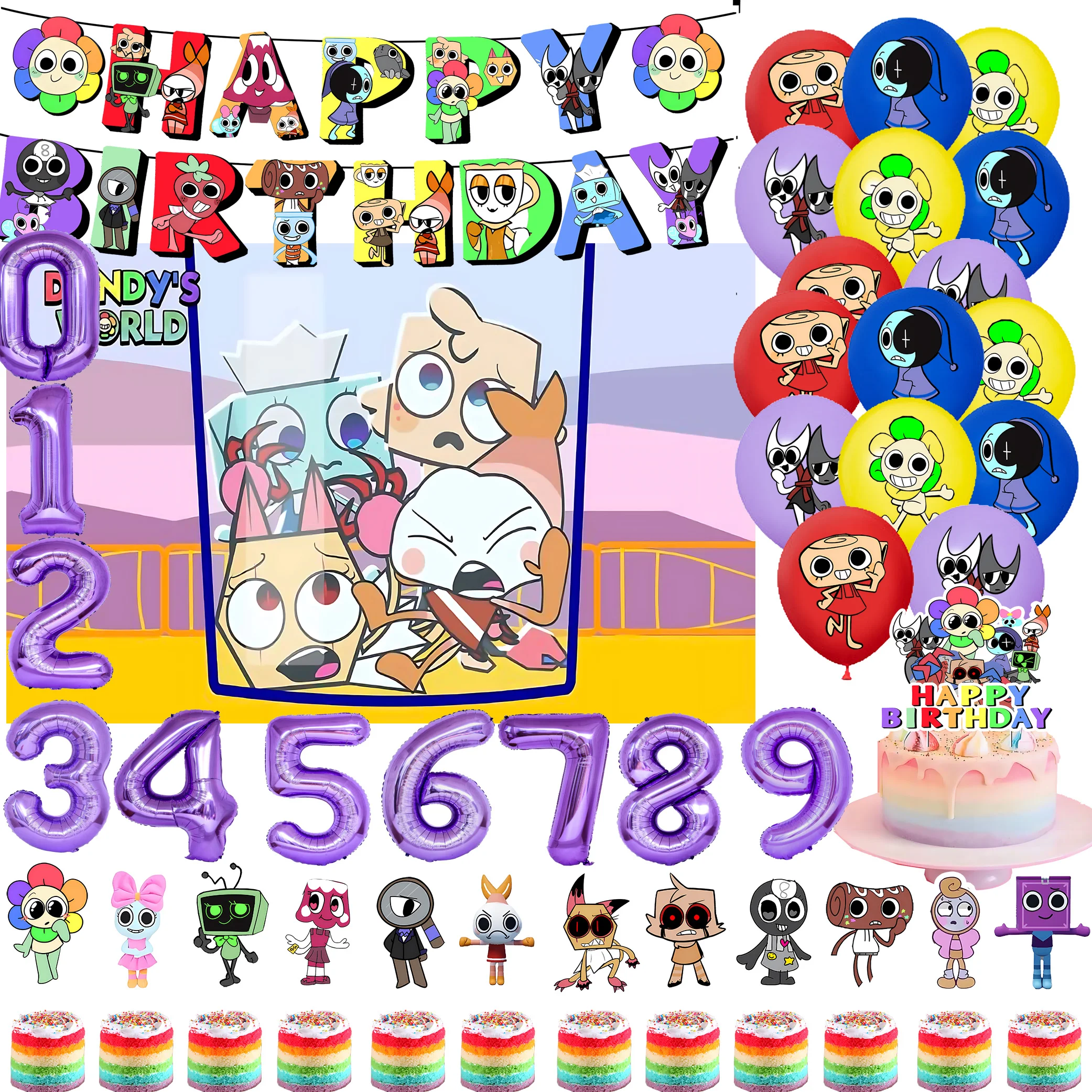 

DANDY's & World Theme Cartoon Birthday Party Decoration Background Banner Balloon Cake Topper Kid Gift Supplies Photography Prop