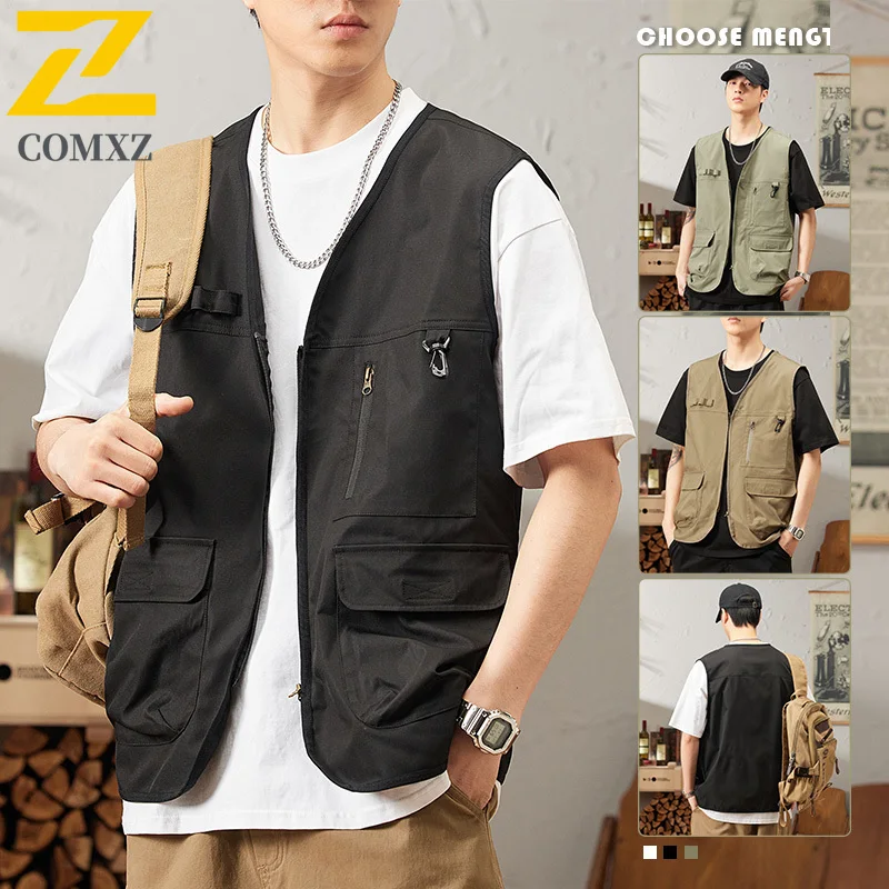 

Multi Pocket Fishing Vest Mens 2025 Autumn Harajuku Style Pure Cotton Sleeveless Tool Waistcoat Techwear Solid Color Work Vests