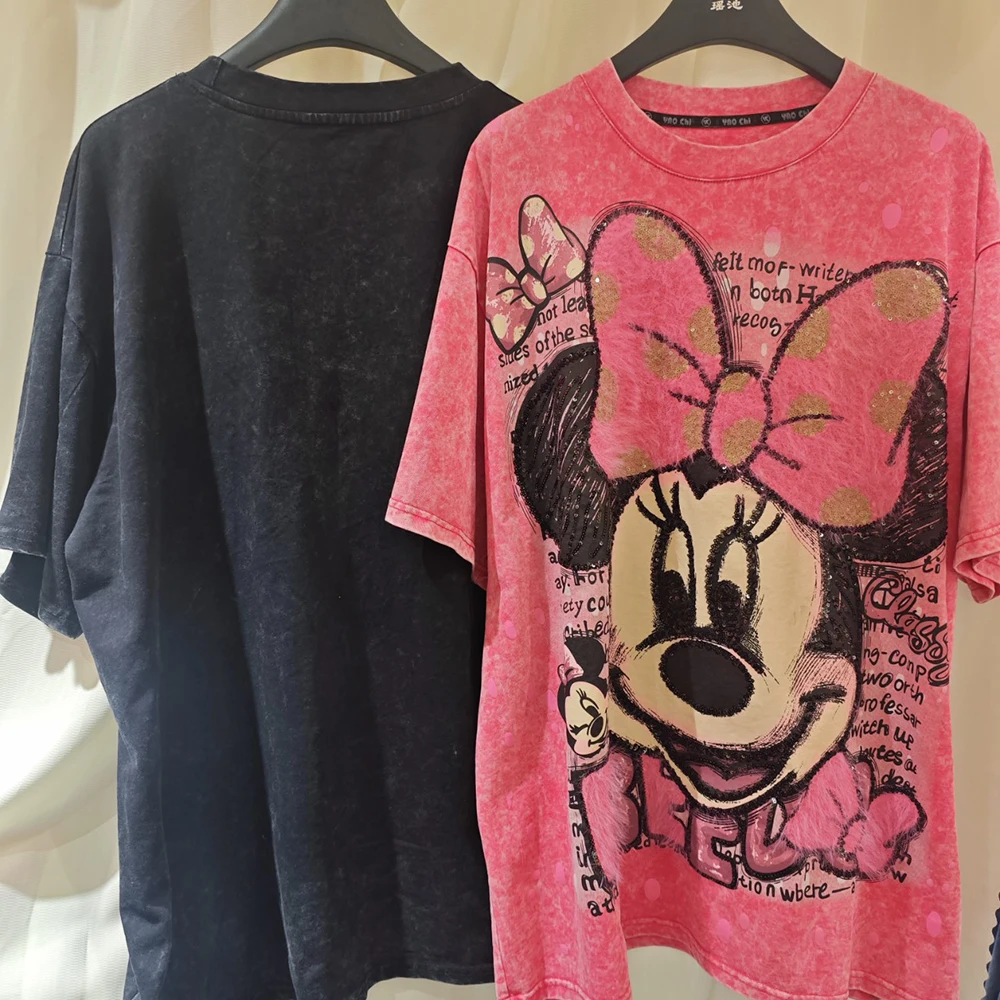 

plus Size Women's T-Shirt Loose Cartoon Distressed Short Sleeve Printed Color Block Sequin Top