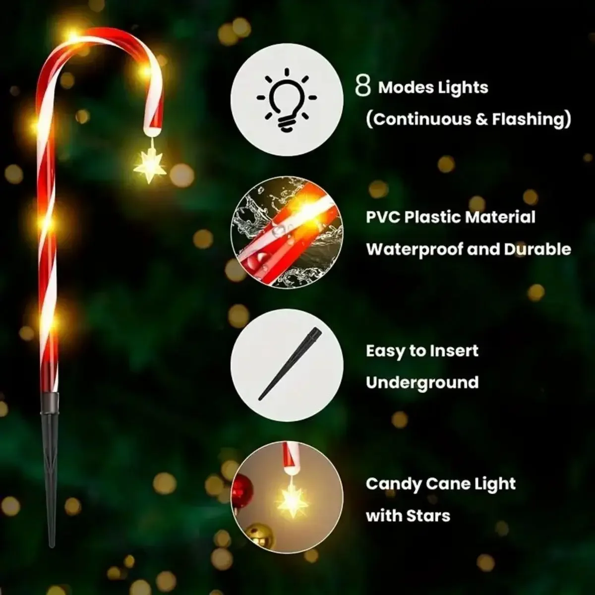 8pcs/set Solar Powered Garden Cane Lights, 8-function Waterproof Decorative Lights, Christmas Candy Garden Lights