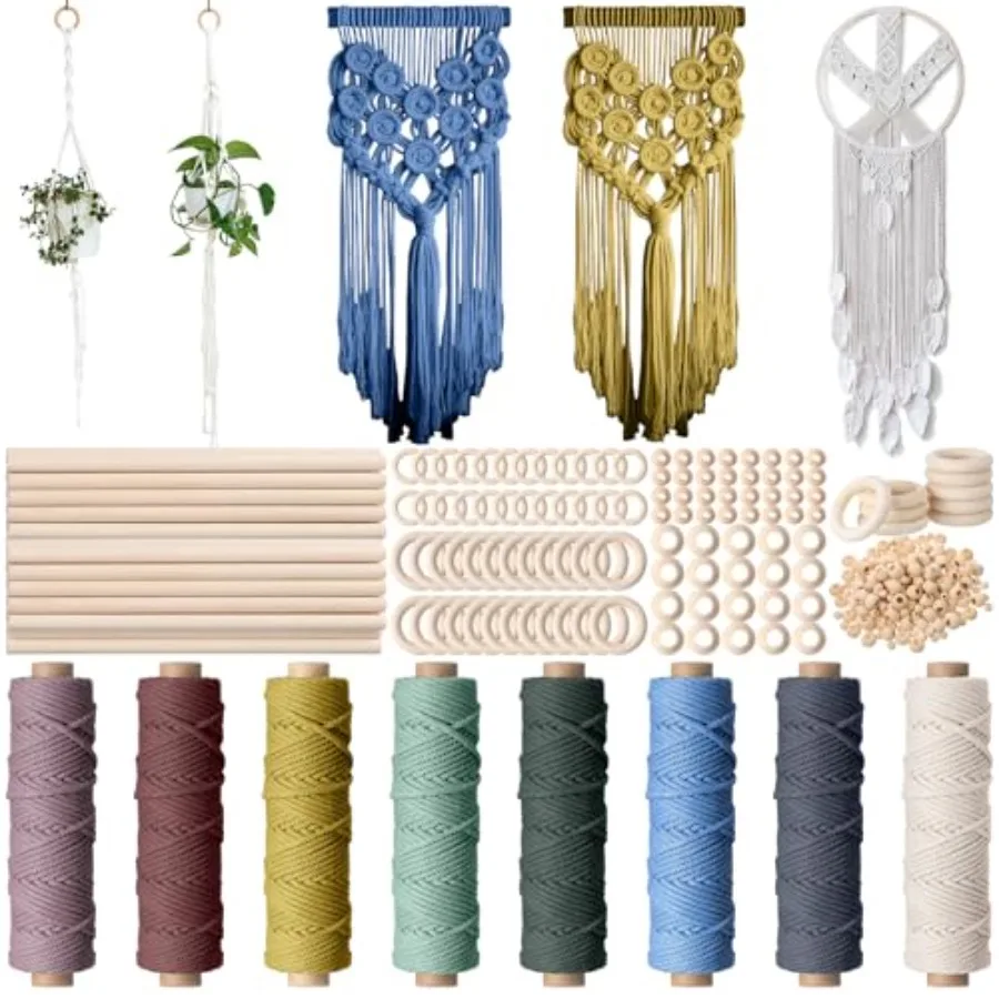 

268 Pcs Macrame Kits for Adults Beginners Weaving Supplies with 3 mm Macrame Cord Cotton Wooden Beads Wooden Rings and Sticks f