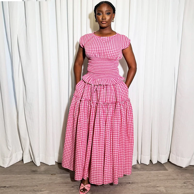 

African Fashion Vintage Plaid Women Two Piece Dress Set Fashion Slim Waist Top And Big Hem long Skirt Set