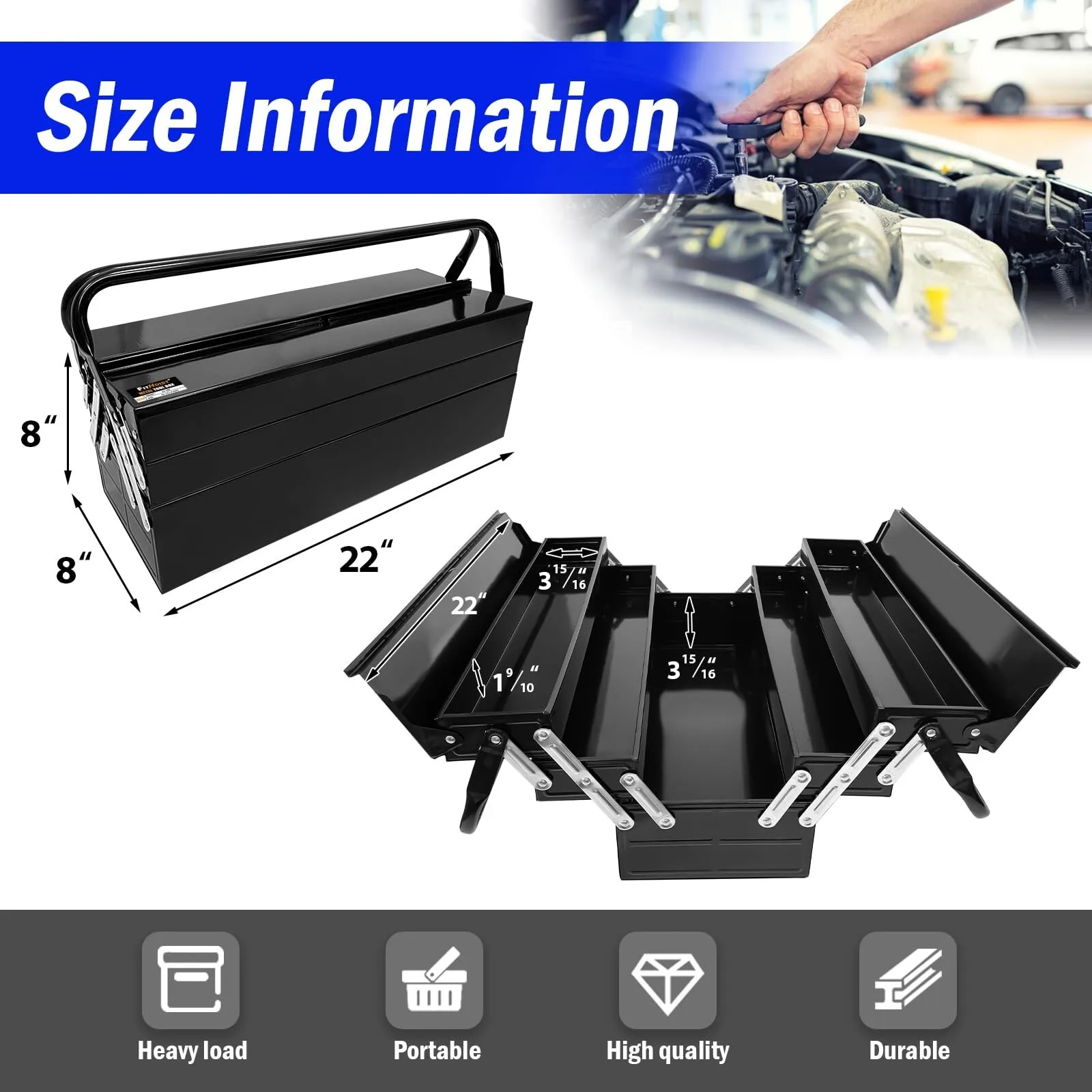 صندوق أدوات عالي التحمل مكون من 3 طبقات مع 5 صواني بتصميم قابل للطي ومنضدة عمل فولاذية محمولة بمقبض 22 بوصة