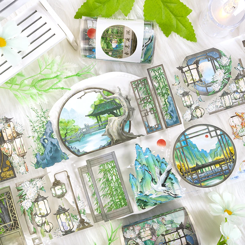 2m/Roll Laser PET Washi Tape Chinese Vintage Courtyard Transparent 3D Crystal Ink Decorative Stickers For Collage Material