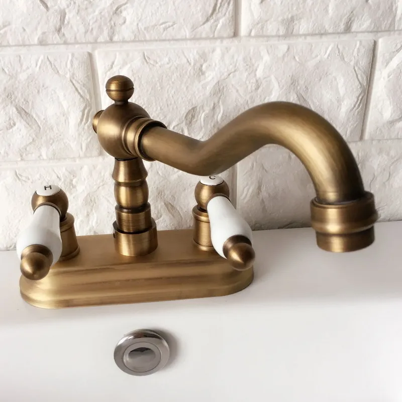 

Antique Brass Basin Faucet Swivel Spout Kitchen Bathroom Sink Faucets Dual Hole Deck Mount Cold And Hot Water Mixer Taps Dan062