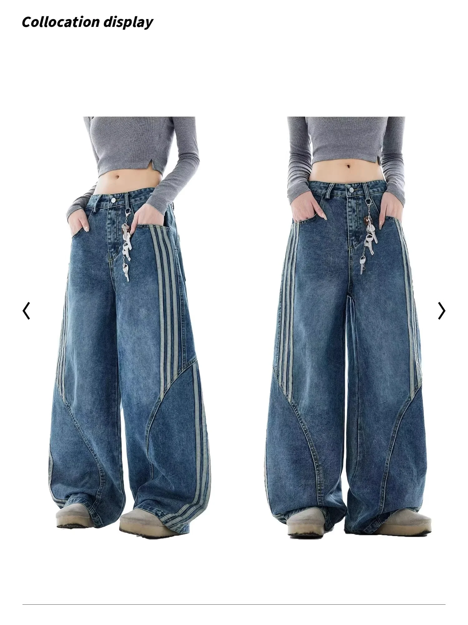 Dżinsy damskie w paski w stylu amerykańskim vintage, szerokie spodnie typu scimitar z trójwymiarowym krojem, luźne spodnie codzienne.