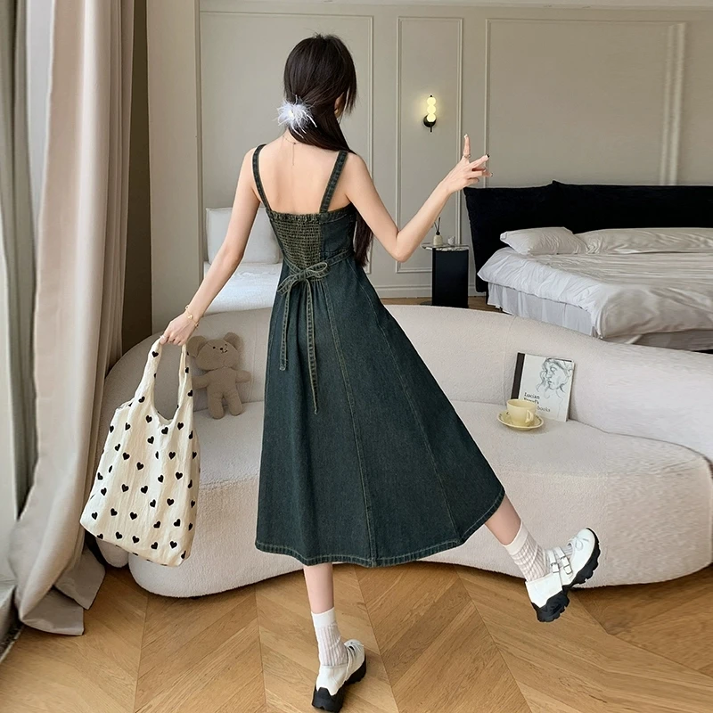 高度なセンスデニムスリングドレス女性の春夏の新サスペンダージーンズドレススリムハイウエストロングドレス Vestidos S-5XL