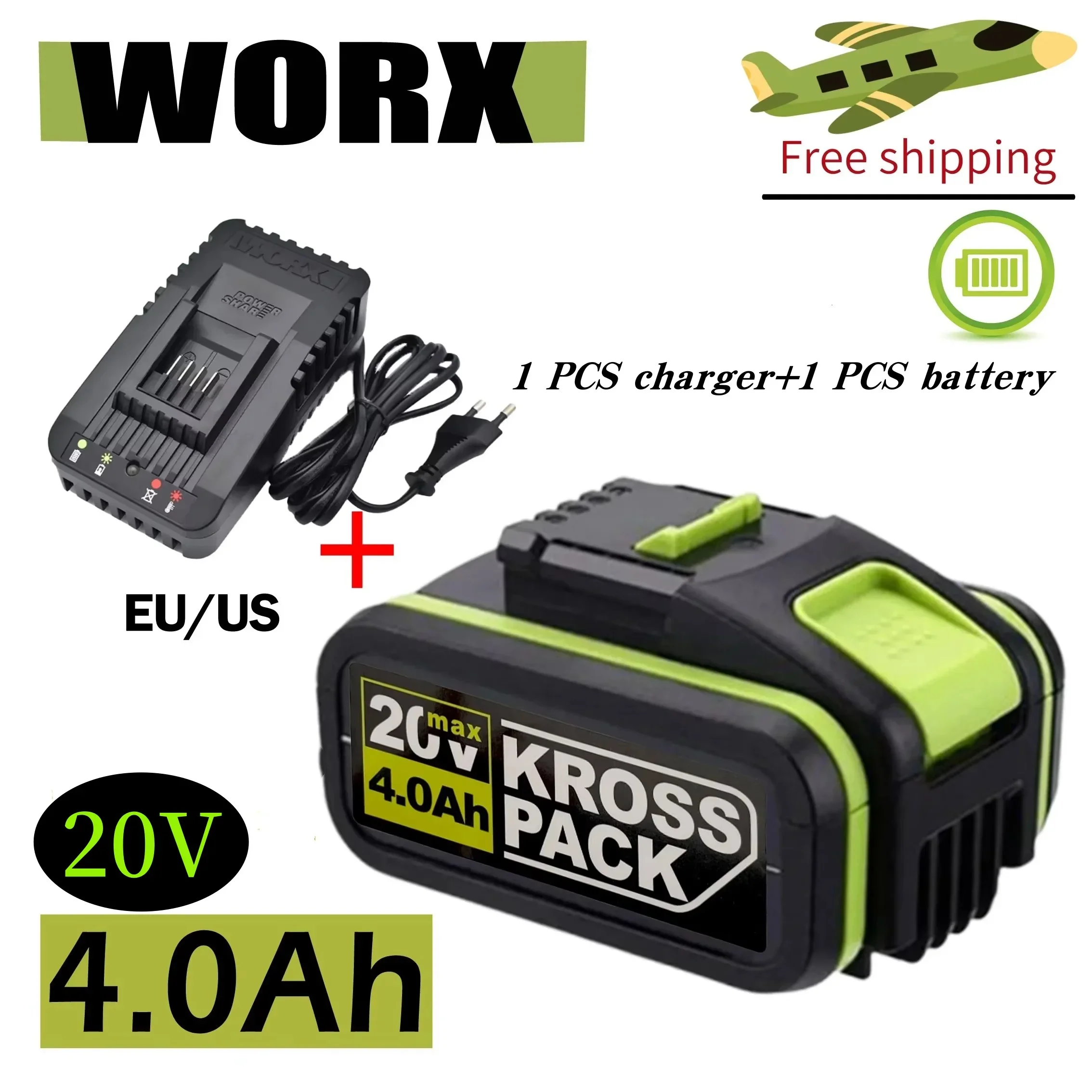 Worx electric tool WA3551 WA3553 WX390 WX176 WX178 WX386 WX678 20V4000mAh lithium-ion rechargeable replacement battery+Charger