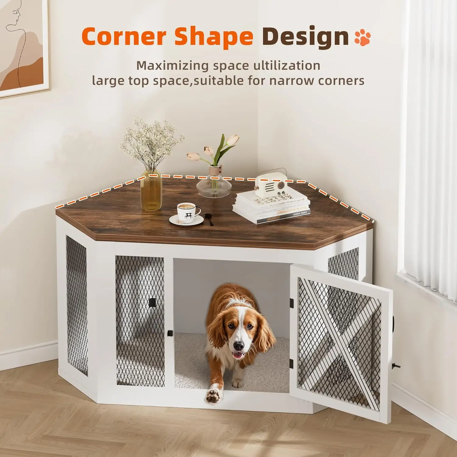 Corner Dog Crate Furniture, Wooden Dog Kennel End Table with Mesh, Cage/House for Small Medium Large