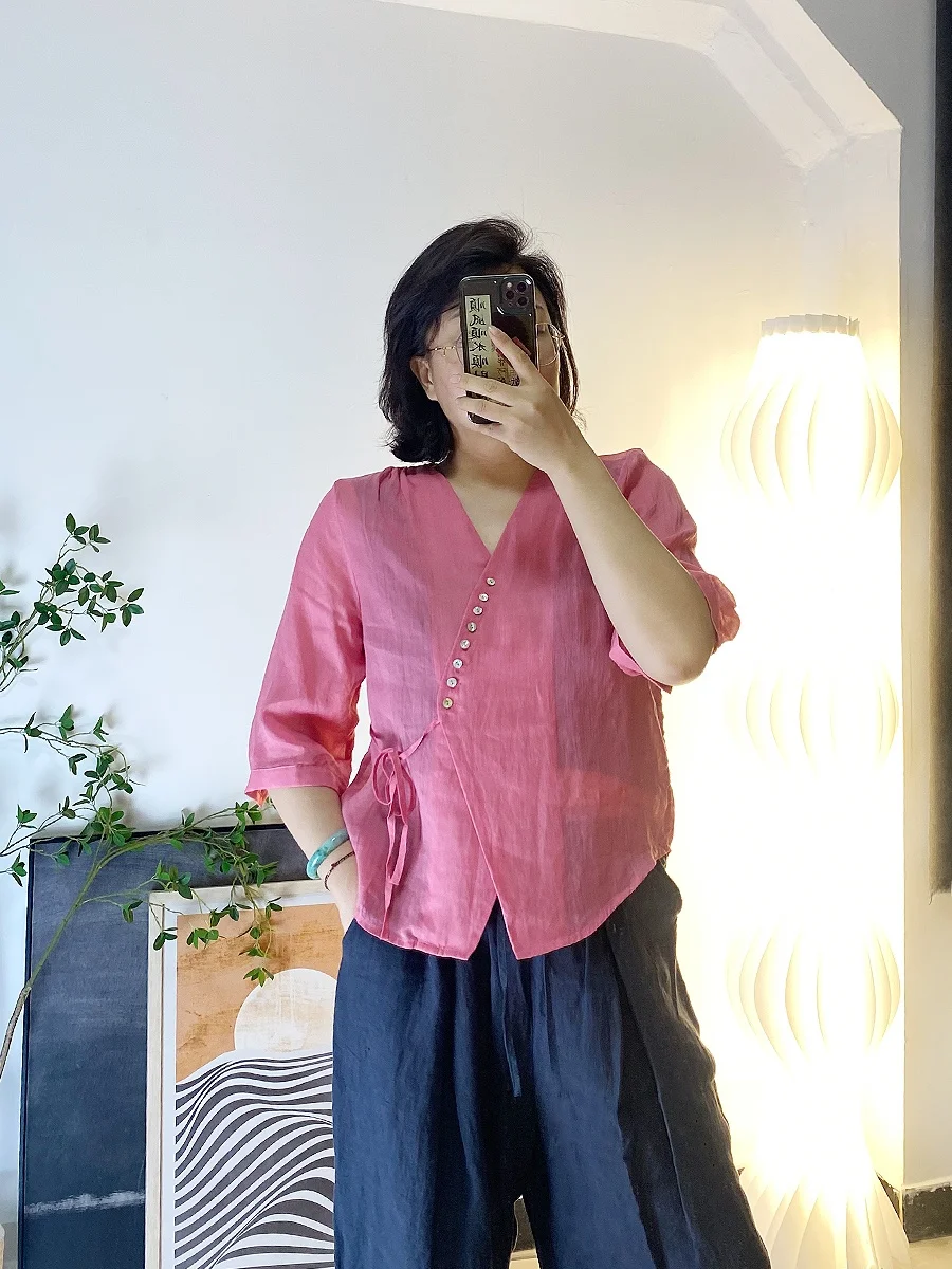 

Slimming Large Size Loose Fit V-Ne Han Sle ort Sve Silk Blend Women's irt Versatile Casual Top for plus Size