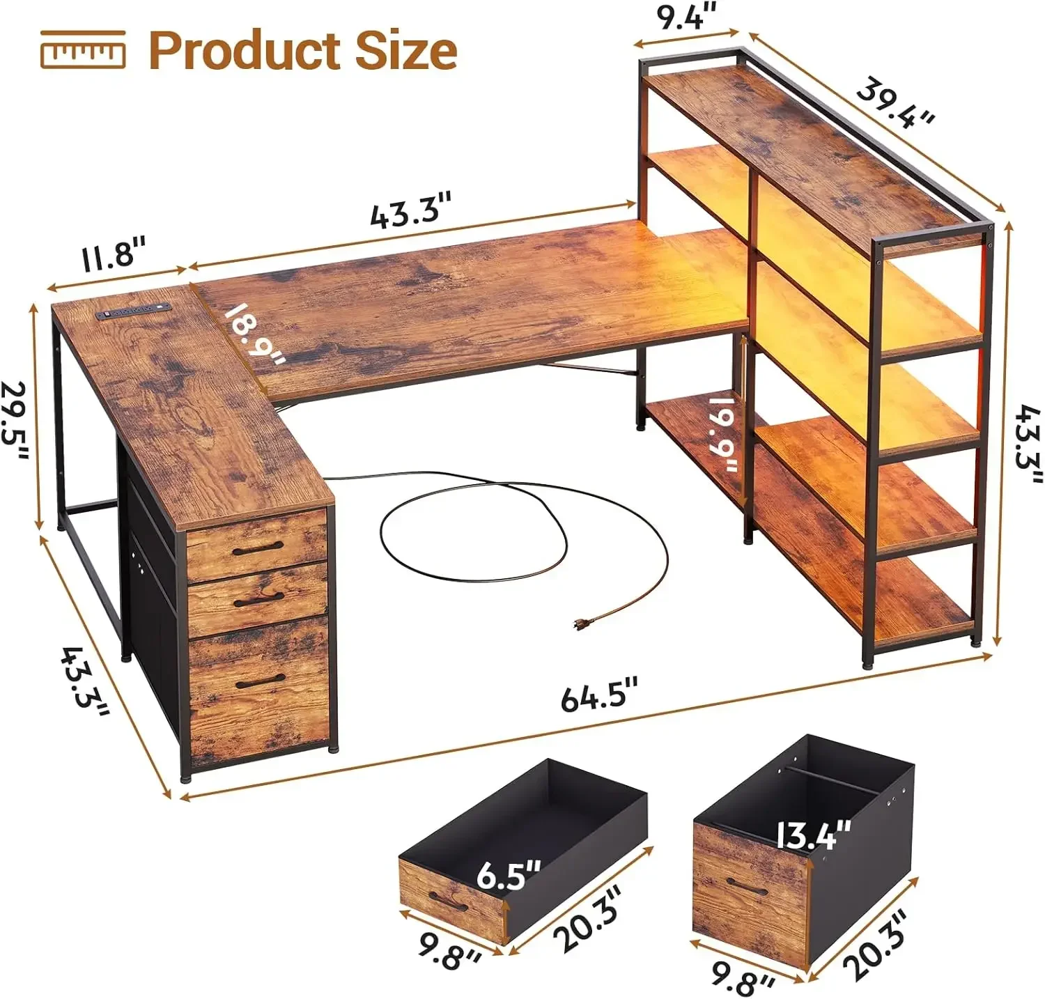 L Shaped Desk with Storage Shelves, 64.5" Reversible U Shaped Office Desk with 3 Fabric Drawers