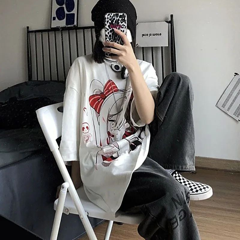 المرأة Harajuku أنيمي الرسم طباعة تي شيرت ، فضفاضة عادية المتضخم بلوزات ، قصيرة الأكمام ، للجنسين ، ملابس الصيف ، Y2K الموضة ، جديد