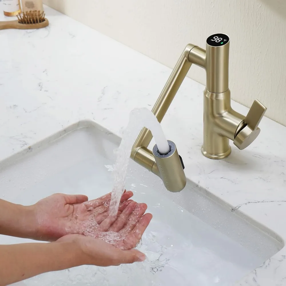 Rotatable Bathroom Faucet with Temperature Display, 3 Water Modes, Brushed Gold, Battery-Free, BF2204-6 Long Tail Keyword