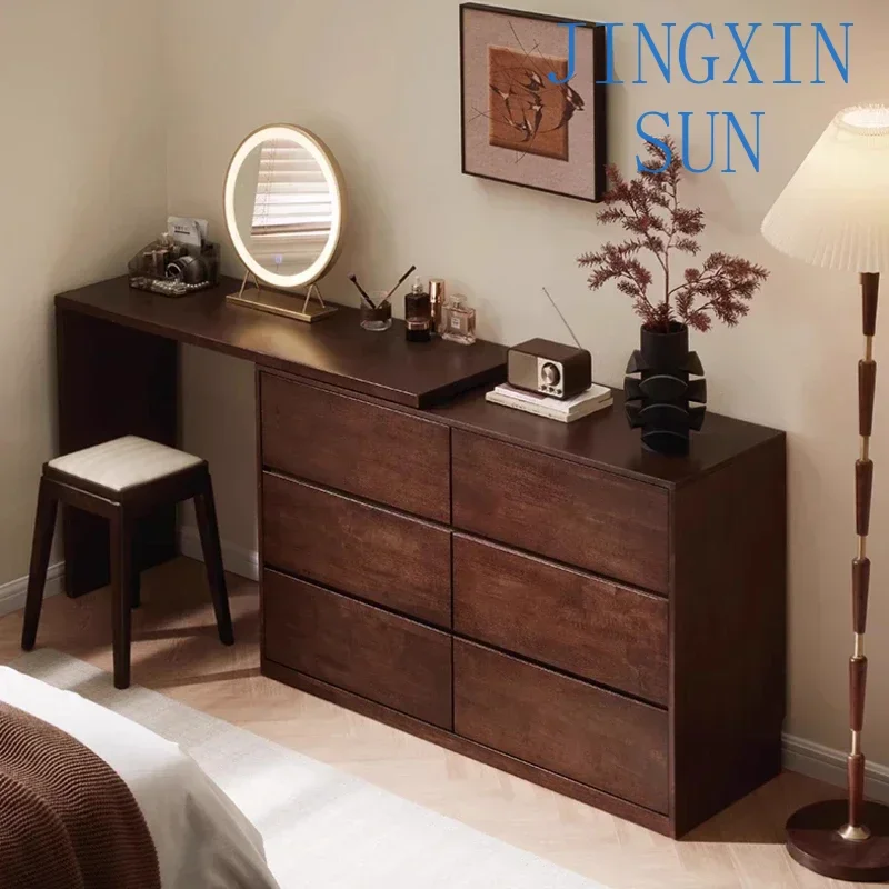 Makeup Vanity Table Chest Of Drawers Retractable Dressing Vanity Desk With Light Mirror With Seat Storage Cabinet Paint Coffee