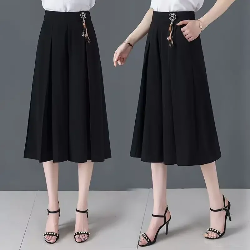 2023 New Summer Fashion Pleated Solid Color Elastic Waist Wide Leg Pants Ladies Simplicity Loose Calf-Length Pants Women Clothes