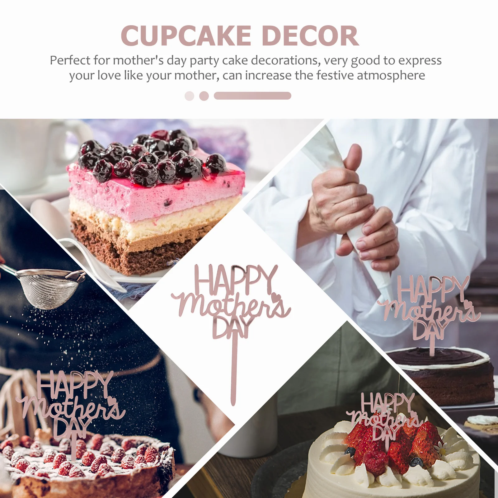 

10pcs Acrylic Mother's Day Cake Toppers Reusable Premium Decorations for Party Dessert Cupcake Picks Rose Gold Color