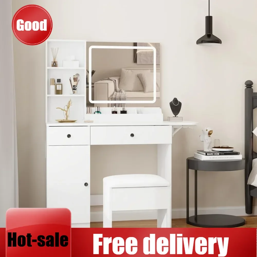 

Туалетный столик с LED-зеркалом и табуретом, белый, с 2 выдвижными ящиками и шкафчиком для хранения, для спальни