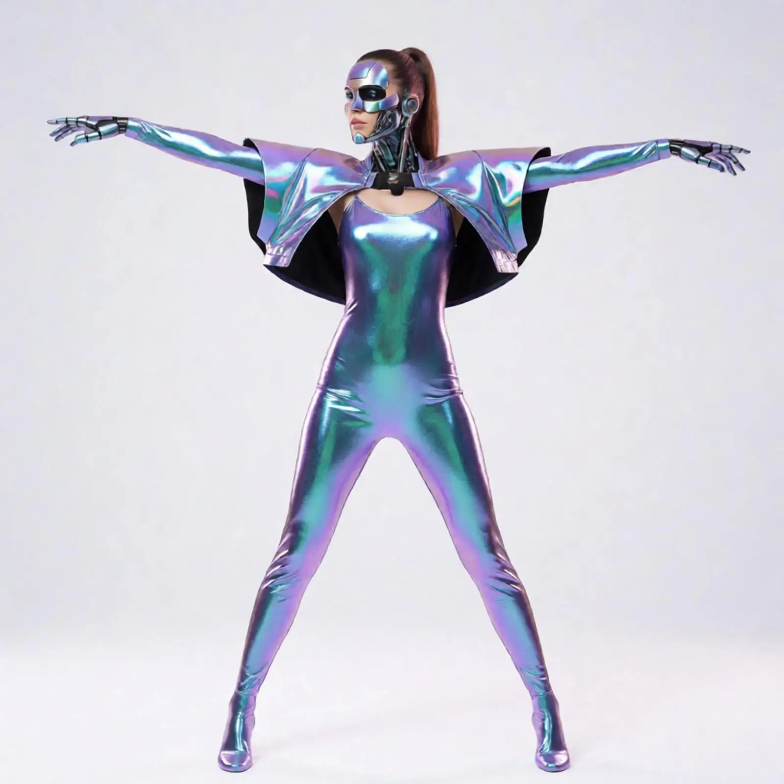 ‌ Combinaison Métallique Brillante Gothique pour Femme avec Épaulettes Armureuses pour Halloween, Cosplay, Fête Thème, Tenue de Fête Futuriste