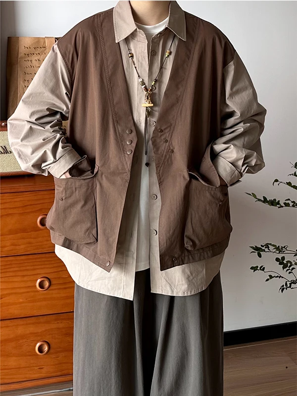 

Мужская удлиненная рубашка в стиле ретро-япония, однотонная, для работы, весна-осень, универсальная верхняя одежда, из полиэфирного волокна, свободный крой