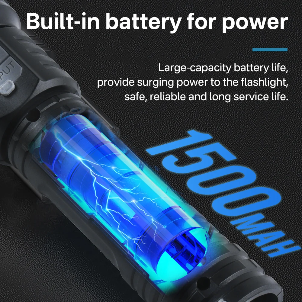 BORUiT Powerful LED Flashlight 600LM Type-C Charging Head Waterproof Zoom Torch Portable Handheld Light Built-in Battery