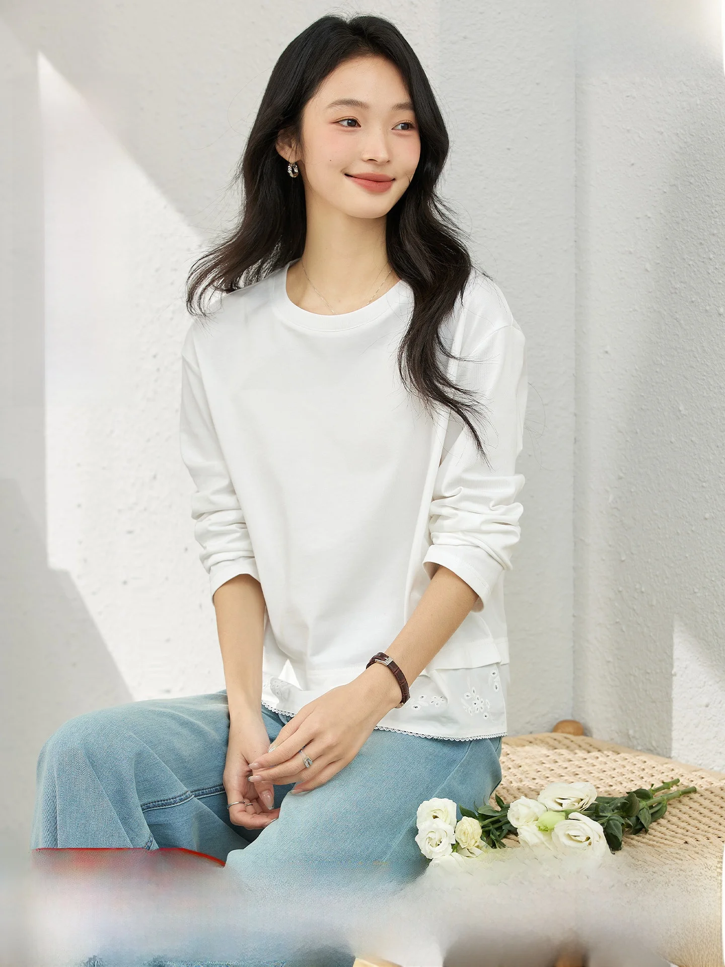 

Pure Cotton Long Sve Embroidered T-irt Women's Autumn New Design Hollow out Base Top Casual Sle Loose Fit mid Length