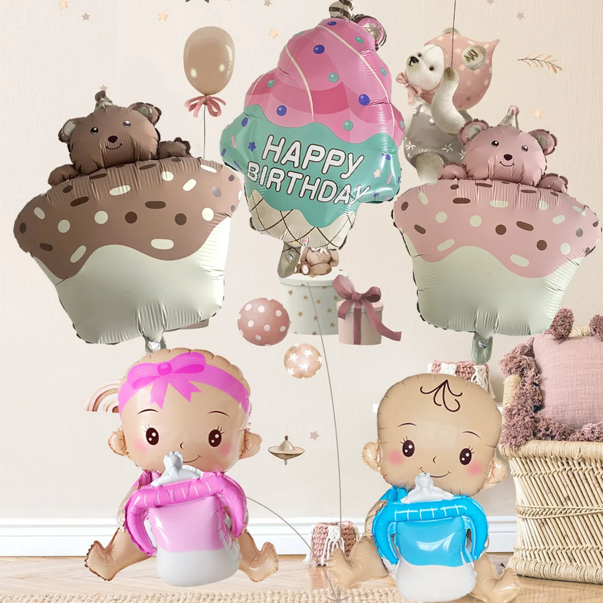 Palloncini per feste di compleanno per bambini Palloncino foil per bambina Orso 4D Palloncino a elio Decorazioni per la prima festa di compleanno